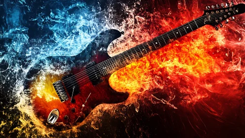 Electric guitar blazes through swirling fire and rushing water