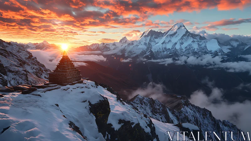 Sunlit cairn on snow ridge facing dramatic alpine range.