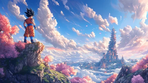 Saiyan warrior overlooks floating sakura sky citadel.
