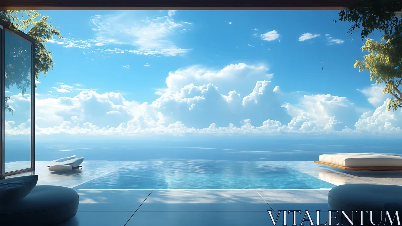 Minimalist infinity pool terrace under expansive sky.
