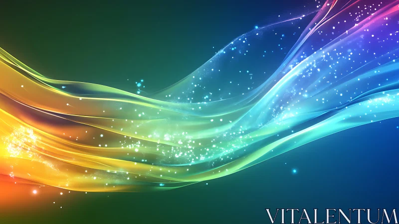 Glowing rainbow light ribbons drift gently through darkness