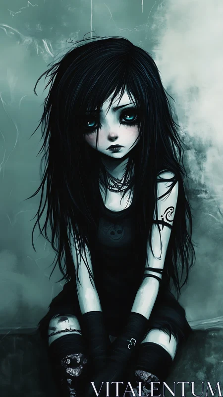 Gothic emo girl in desaturated cyan digital portrait study.