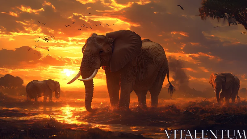 Radiant savanna elephants under volumetric sunset illumination.