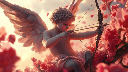 Cupid angel drawing bow amid pink blossoms at sunset.
