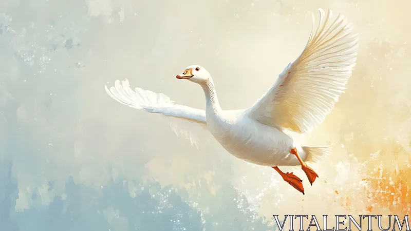 White Goose Flying Against Gradient Sky.
