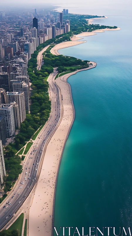 Aerial coastal cityscape maps curving shoreline, towers and expressway