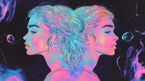 Cosmic twin portraits glowing with dreamy neon starlight.