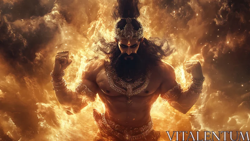 Mythic fire deity emerges in swirling molten stormscape.