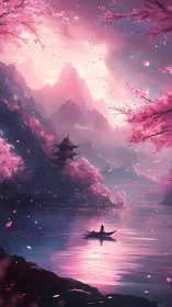 Vertical river landscape shows boat, mountains and blossoms