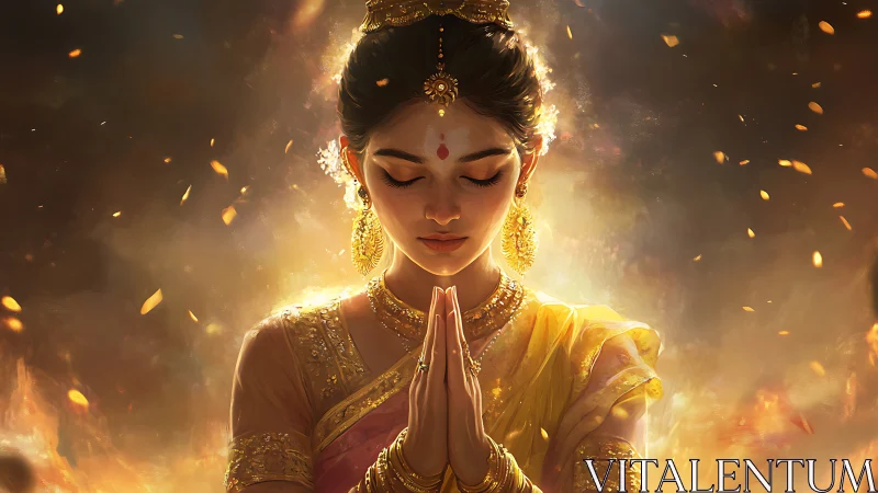 Woman in traditional attire stands praying amid glowing embers