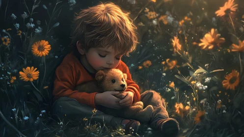 Little dreamer cuddling a teddy in a golden flower meadow.