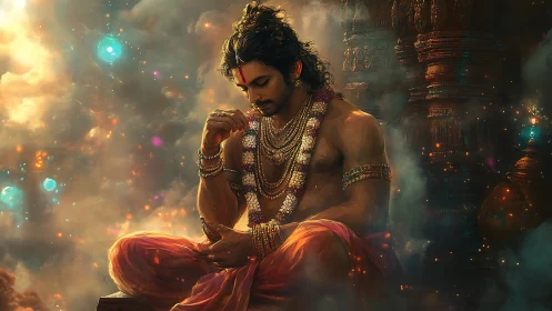 Mystic prince in ember-lit shrine wrapped in meditative calm.