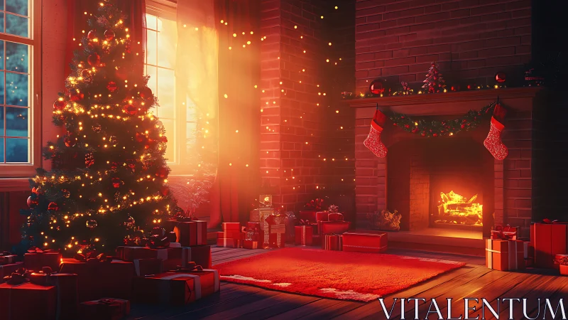 Glowing Christmas tree beside warmly lit fireplace interior.