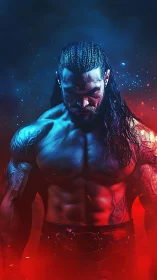 Muscular male figure under dual blue and red lighting.
