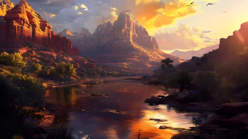 Digital painting of sunset canyon river with atmospheric depth.