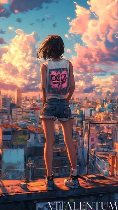 Figure stands on rooftop edge overlooking dense cityscape