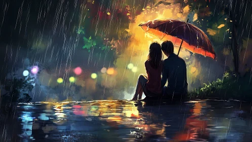 Two Hearts Share a Moment Under the Glowing Rain