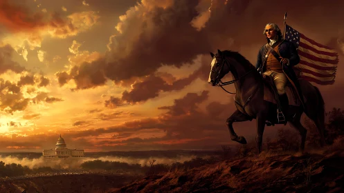 Historical rider holds flag overlooking domed government building