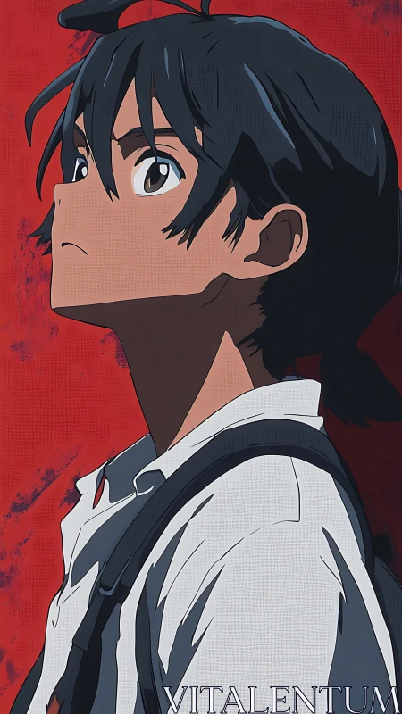 Stoic anime student gazes upward against bold red sky