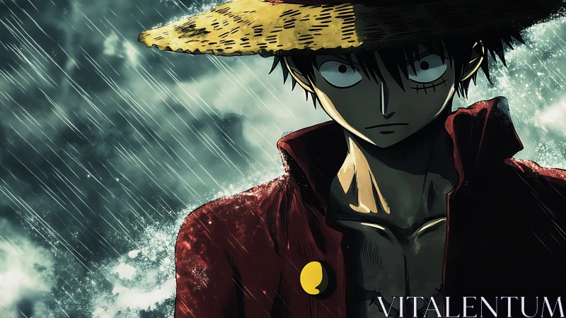 Storm-lit straw-hat wanderer staring down the horizon.