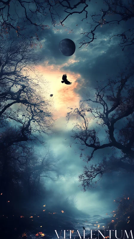 Moonlit forest path with crow silhouette and misty sky.