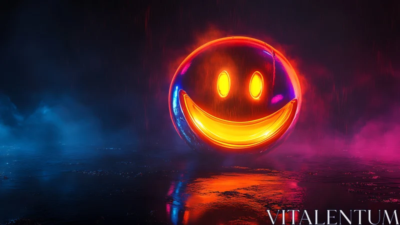 Neon storm smiley orb glowing through cyberpunk rainstorm.
