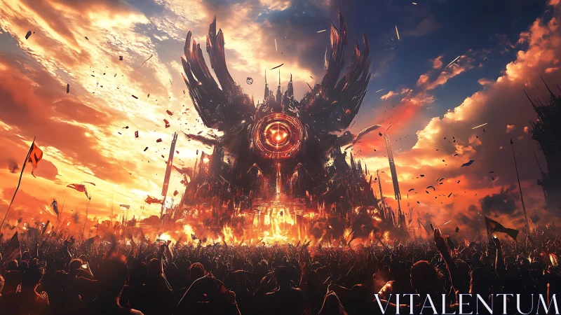 Colossal fiery mech temple rises over a fervent apocalyptic crowd