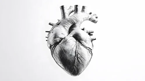 Realistic anatomical heart illustration in black and white style.