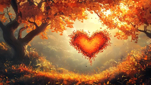 Luminous Heart: Autumn Forest Illumination with Floating Foliage Formation.