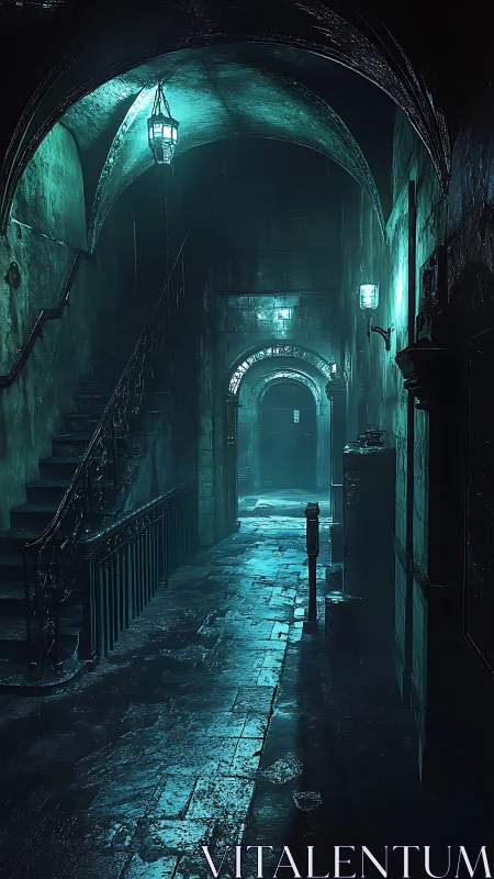 Deserted stone passage glows under cold turquoise lamps