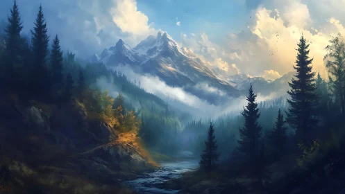 Mountain range rises above misted forest river valley