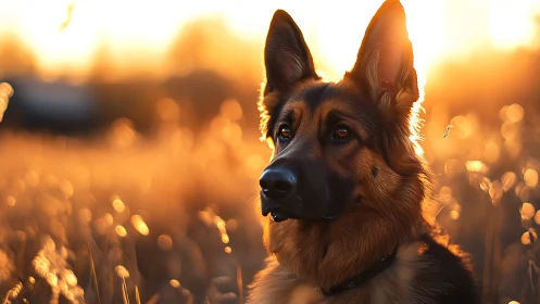 German shepherd in backlit field during golden sunset.