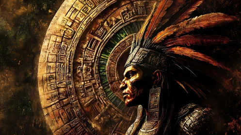 Mesoamerican warrior profile before luminous carved calendar.