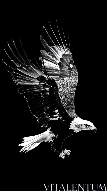 Monochrome bald eagle in mid-flight on black background.