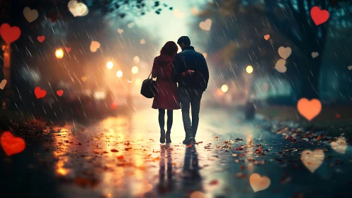 Two people walking together in heavy rain with heart-shaped bokeh lights.