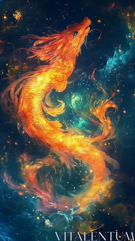 Celestial fire dragon swirling through cosmic nebulae.