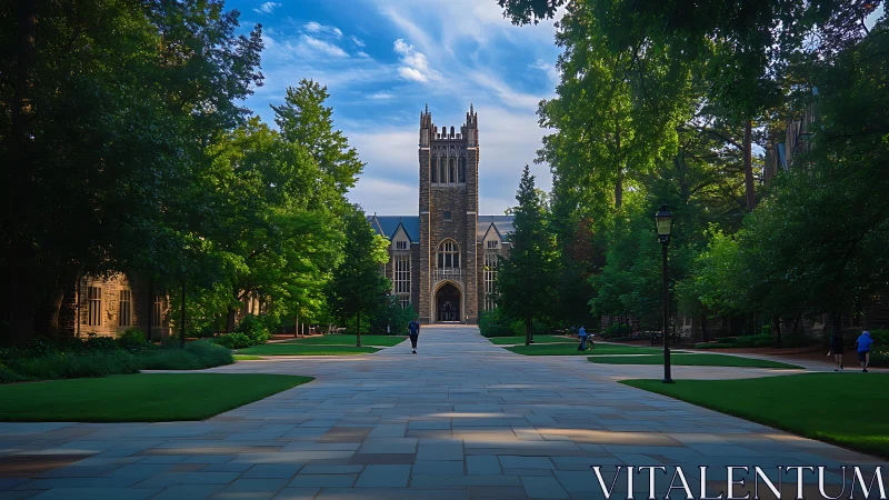 Gothic collegiate tower framed by axial walkway and dense tree canopy