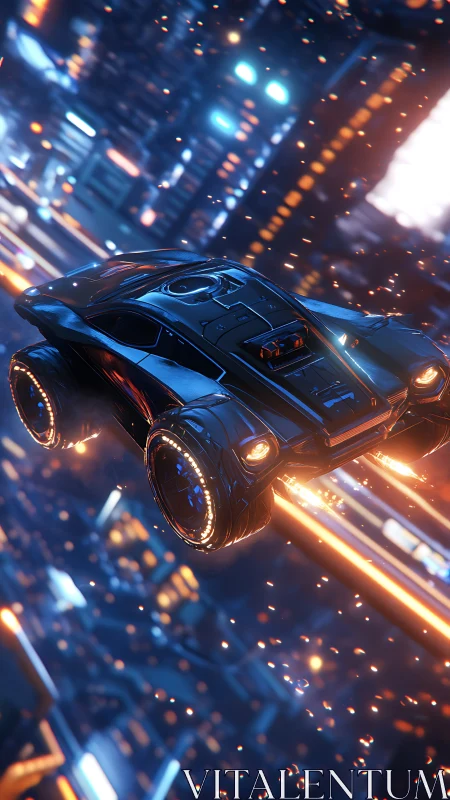 Midnight hover-car blazes through neon-sparked skyways.