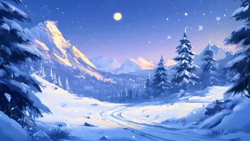 Moonlit powder trail winding through quiet alpine hush.