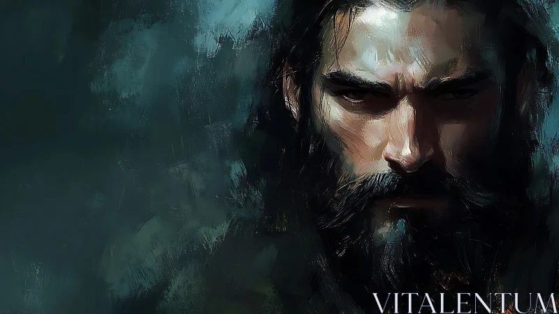 Brooding bearded warrior portrait in moody teal chiaroscuro.