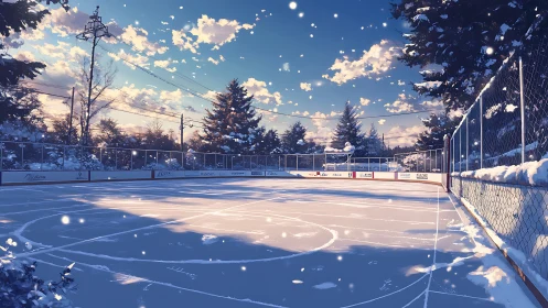 Winter outdoor ice rink under late afternoon golden-hour sky