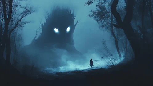 Nocturnal fog entity confronting cloaked wanderer in forest.
