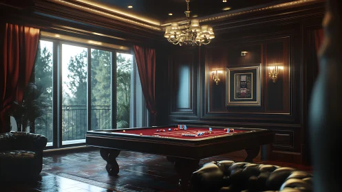 Rendered billiards room shows detailed interior lighting