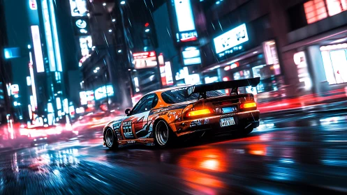 Neon-soaked drift car racing through rainy Tokyo streets.