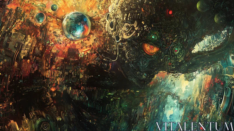 Mechanical entity amid abstract cosmic cityscape forms.