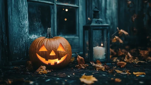 Cozy jack-o’-lantern glow beside a rustic autumn lantern.