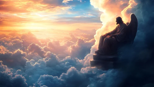 Serene angelic sentinel observes a radiant celestial sunrise