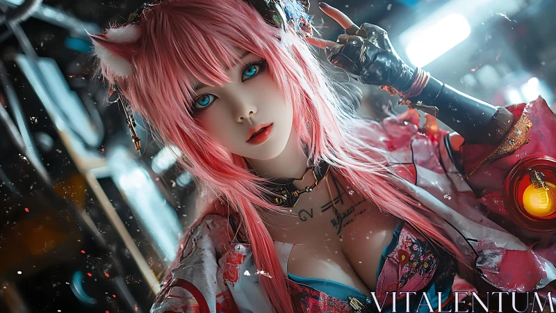 Pink haired cyber fox girl greets you in neon glow.