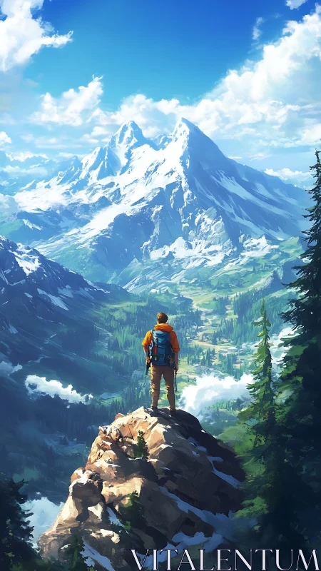 Solitary hiker surveys alpine valley beneath towering peaks