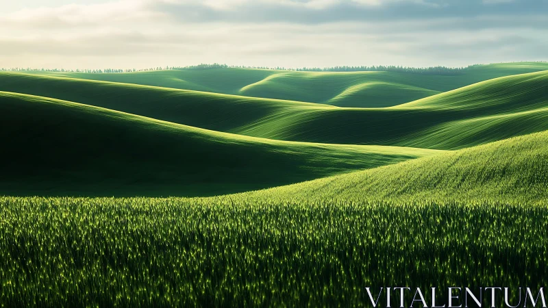 Green velvet hills breathe quietly under drifting light